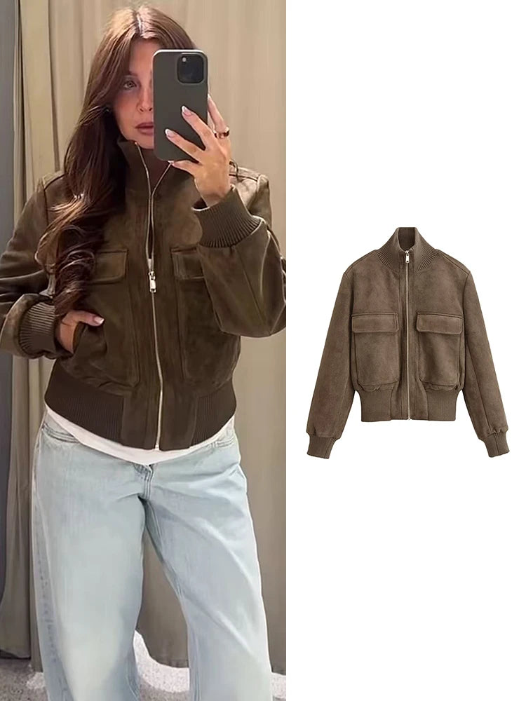 TFMLN 2026 Women Suede Leather Jacket with Pockets Autumn Winter High Collar Long Sleeve Zipper Jacket Lady Slim Chic Coats