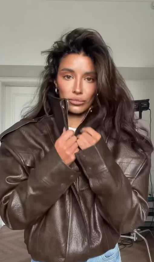 Black Faux Leather Stand Collar Zip Epaulet Cropped Jacket Long Sleeve Snap Button Pocket Coat 2026 Autumn Street Chic Coats New