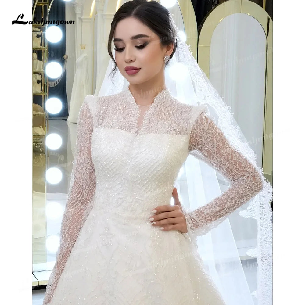 Luxury Illusion High Neck Long Sleeve A Line Wedding Dress Lace Beaded Sequins Bridal Gown vestidos de novia 웨딩드레스 Customized
