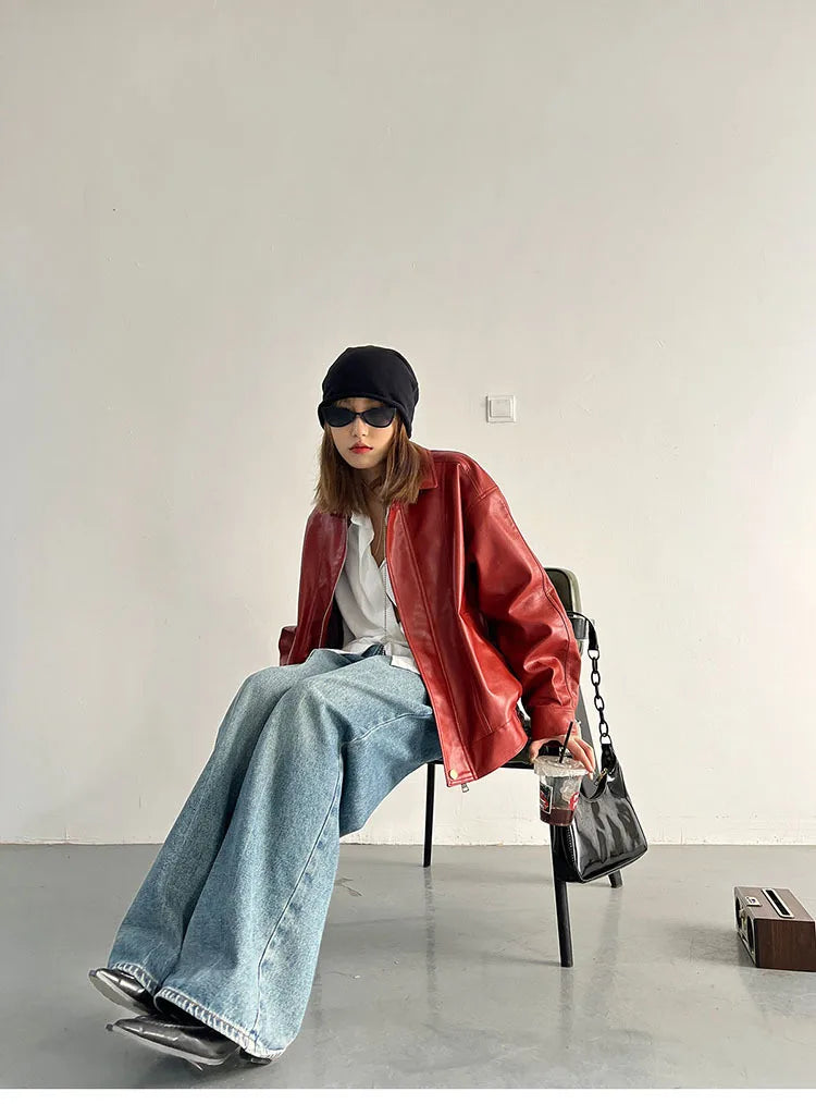 Punk Vintage Red Leather Jacket Women Streetwear Moto Biker Zipper Leather Jacket Female Winter High Street Chic Leather Coat