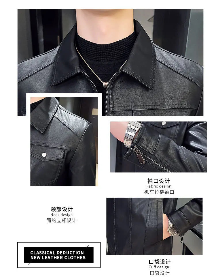 Autumn and Winter Classic Men's Leather Jacket Lapel Fashion Trend Locomotive Clothes Fleece Thermal Jacket Men
