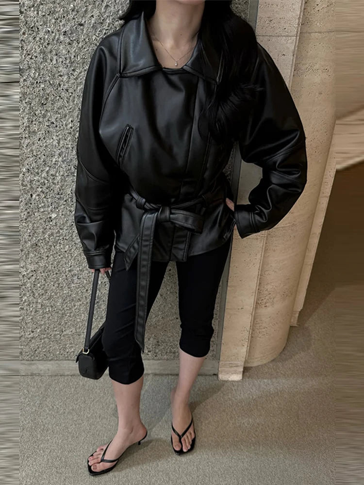 Black Belt Women's Leather Jacket Lapel Full Sleeve Zip-up Lace Up Waist Cinching Cropped Coats 2026 Autumn Street Lady Jackets