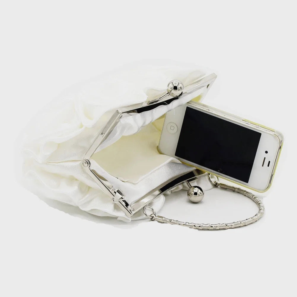 Satin Flower Clutch Bags For Women Banquet Party Evening Bags Metal Handbags Retro Blue Silver Black Chain Shoulder Bag female