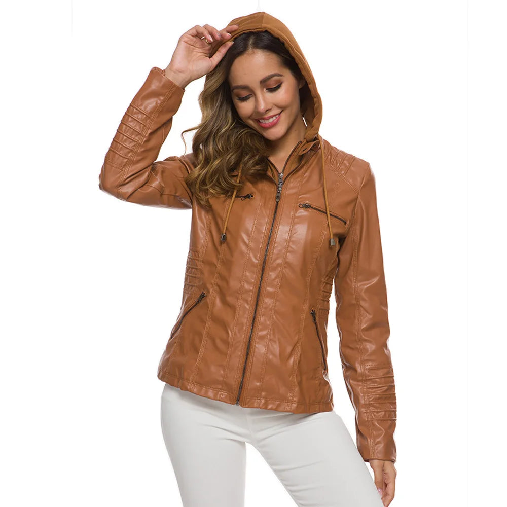 Faux Leather Jacket for Women, Female Winter Coat, Motorcycle Jacket, Faux Suede, PU Zipper Hoodies, Outerwear