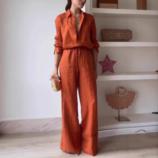 2025 Summer Fashion New Women's Commuting Style Women's Two Piece Set with Collar Single Breasted Shirt and Wide Leg Pants Set