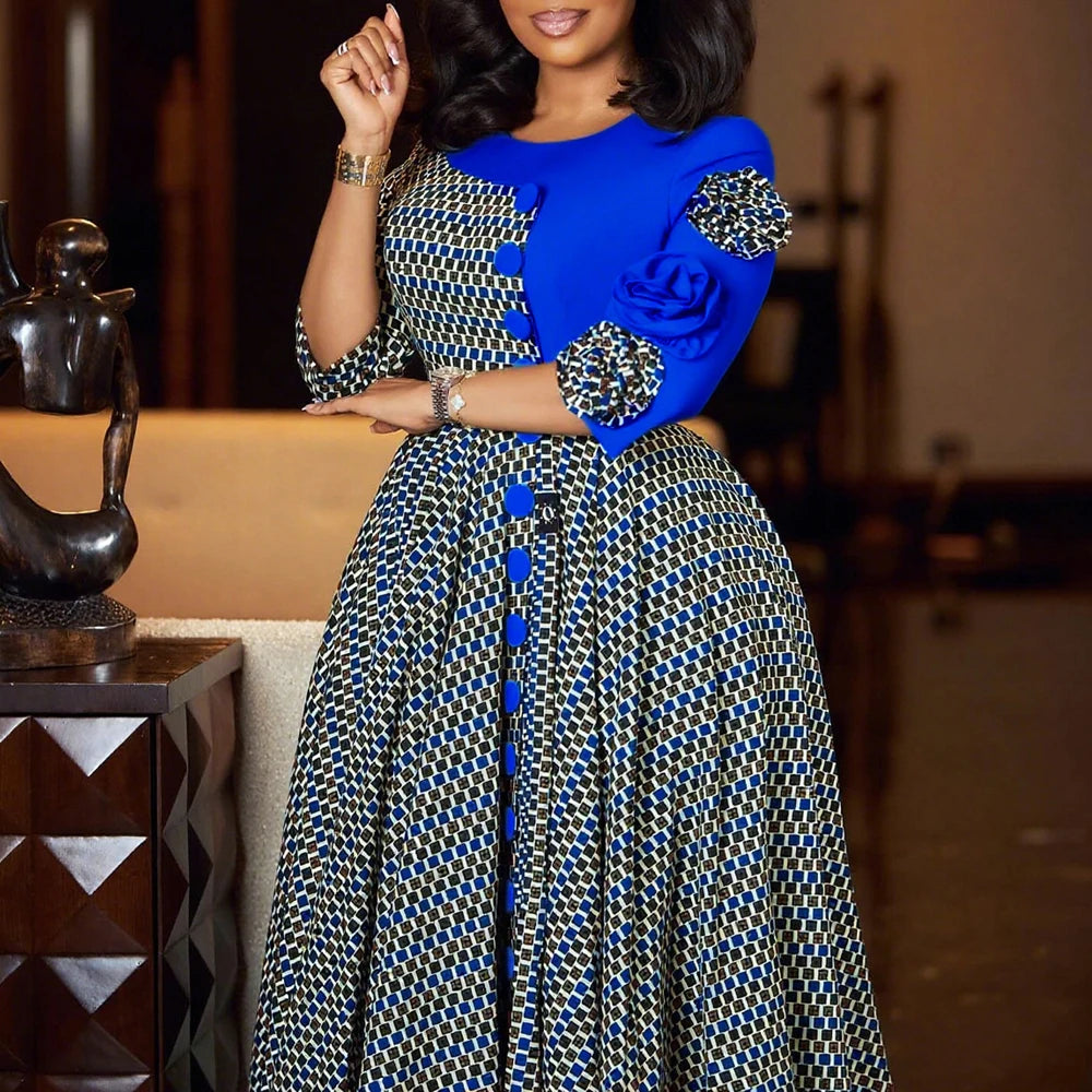 Elegant Dresses for Women 2025 Fall Fashion African 3/4 Sleeve Party Birthday New Robe Chic 3D Flower Plaid Evening A-Line Dress