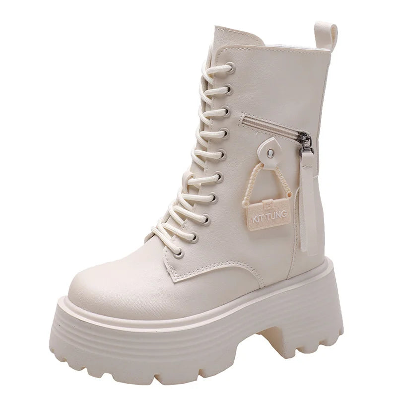 New 2023 Autumn Platform Mid-calf Boots  Women Thick Sole Winter Leather Punk Shoes Chunky Motorcycle Boots Woman