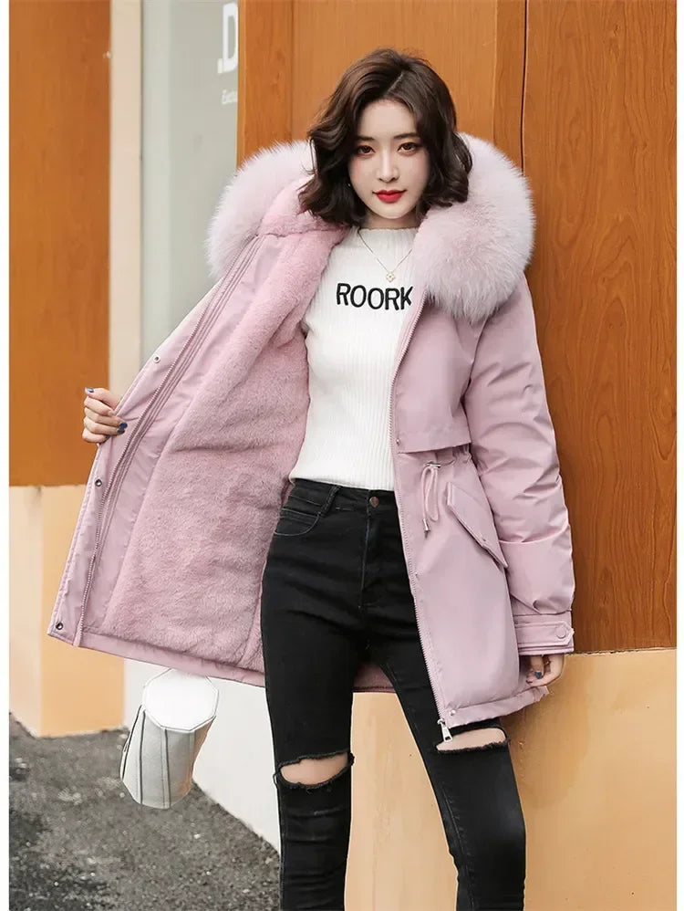 Winter Coat Low Price On Sale Women Beige Add Wool Thick Warmth Fur Hooded Parkas Jacket 2026 New Fashion Belt Slim Cotton Coat