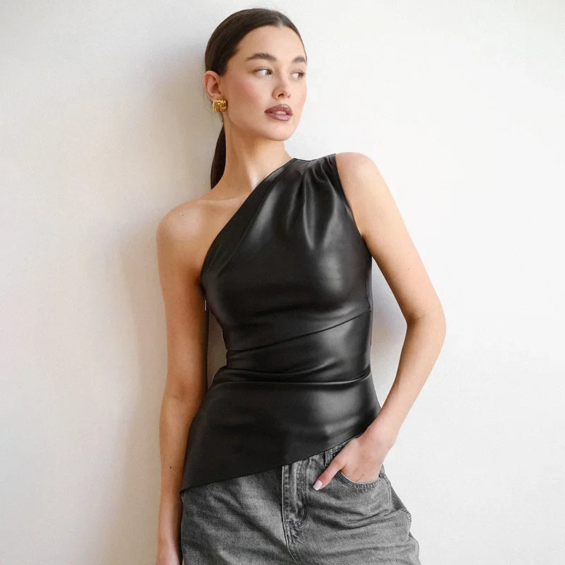 PixieKiki Fashion PU Leather Sleeveless T Shirts Side Zipper One Shoulder Asymmetrical Tops Women Clothing Fall 2024 C85-CA12