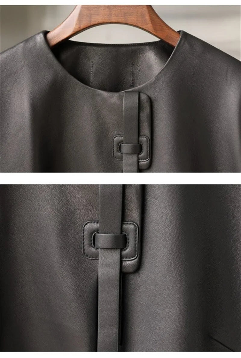 Orange Black Leather Jacket Spring Autumn Coat 2026 New Women's Leather Coat Round Neck Lantern Sleeves PU Leather Outerwear