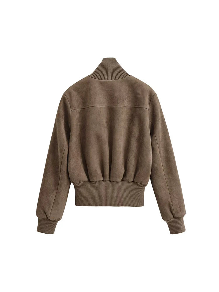 TFMLN 2026 Women Suede Leather Jacket with Pockets Autumn Winter High Collar Long Sleeve Zipper Jacket Lady Slim Chic Coats