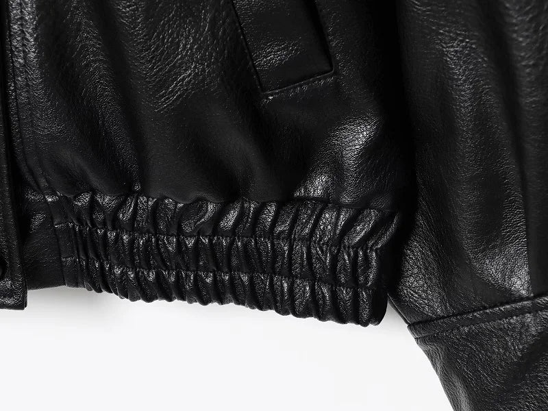 HXAO Women's Faux Leather Jacket Short Coat Black Bomber Jackets For Woman Loose Winter Outerwear High Neck Aviator Jackets