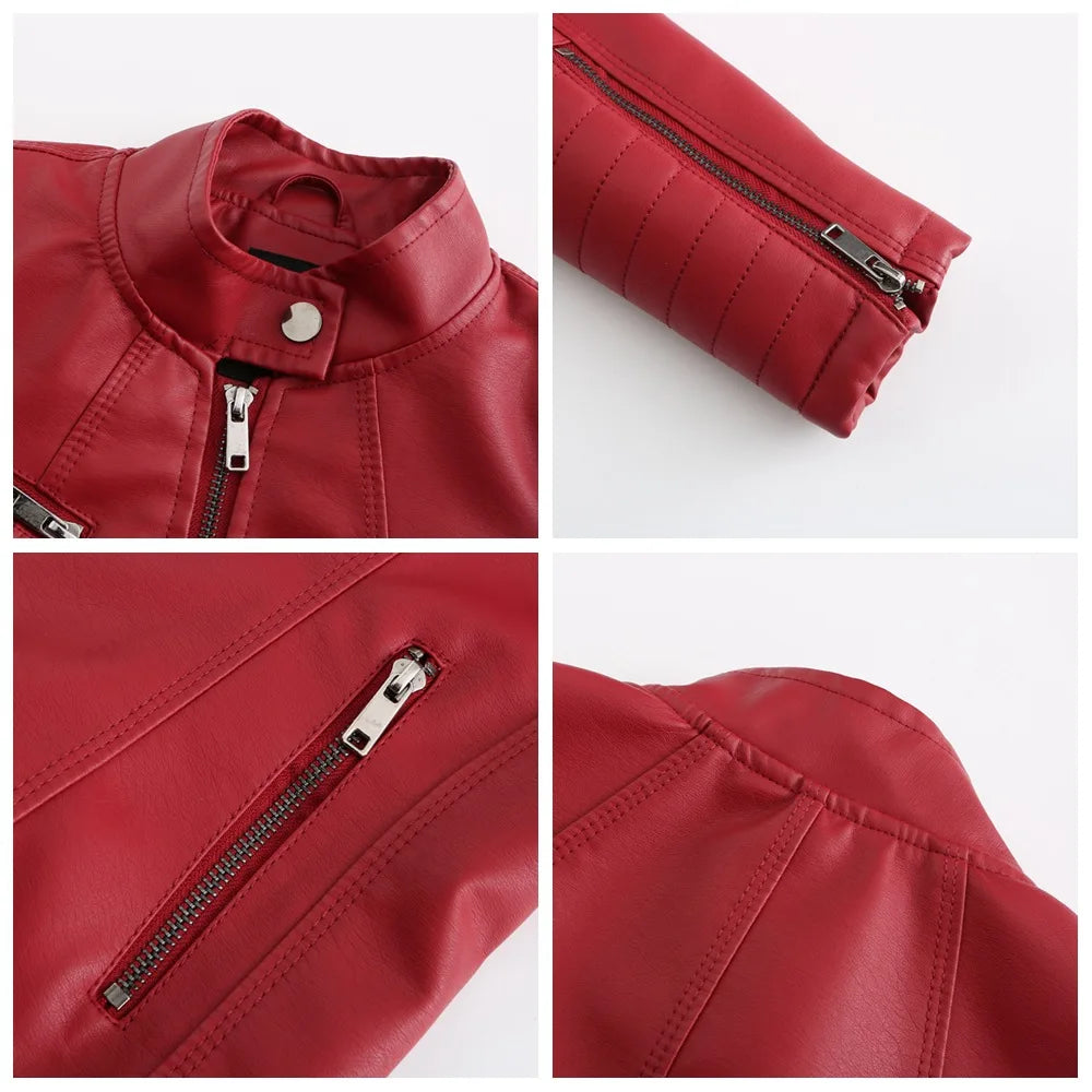 2026 Women's Bright Red V-neck Leather Jacket, Fashion Slim PU Coat, Black Short Outerwear Asia Size XS S M L XL XXL