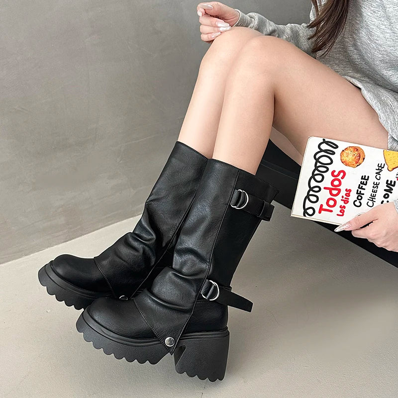 Shang Shi Black Thick High-heeled Thick Soled Boots for Women, 2026 New Winter Versatile Women's Zipper Slimming Pants Leg Boots