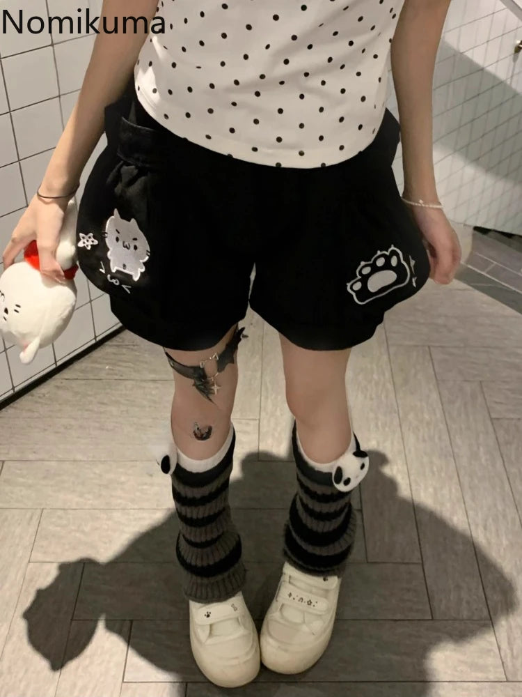 Cute Japanese Shorts for Women Cartoon Embroidery Pockets Black Shorts 2025 New Tottoms Casual Chic Pantalones Cortos De Mujer