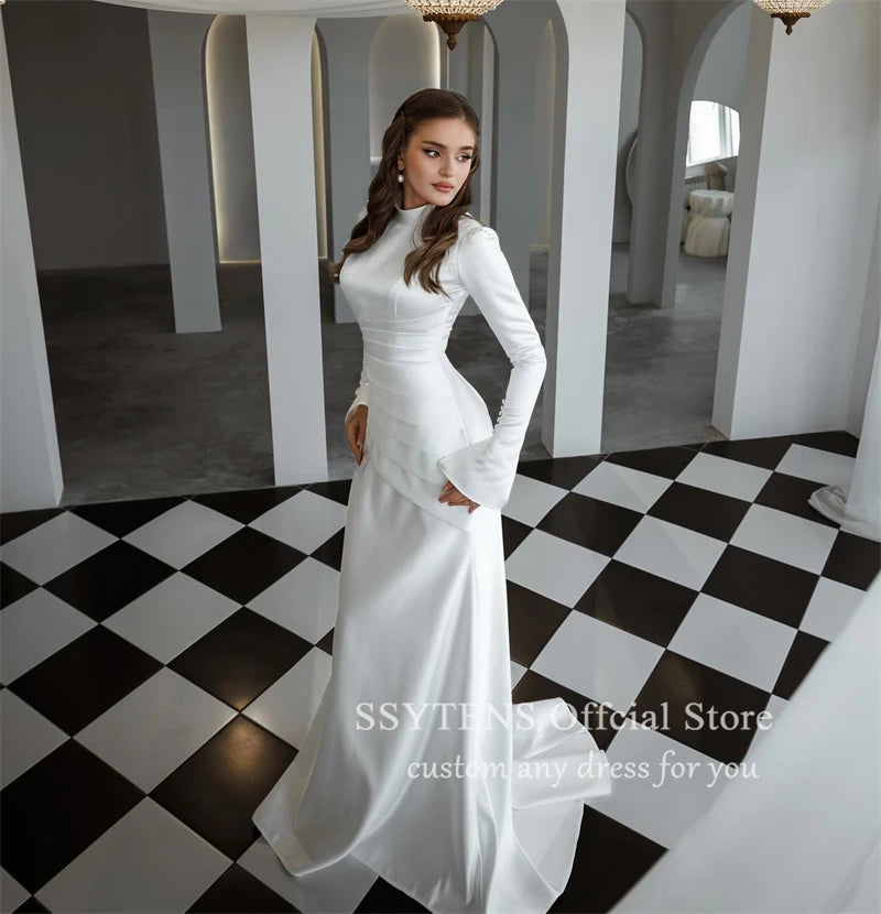Formal Wedding Dresses High Neck Long Sleeves Mermaid Bride Bridal Gown Floor Length Muslim Customized White Civil Wedding Dress