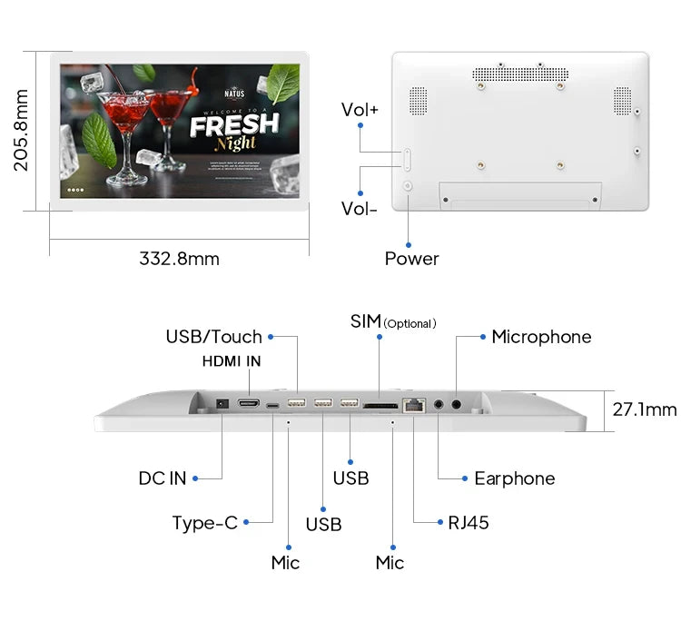 2026newUltra-thin 14 Inch Wall Mounted Android 14 POE Tablet Touch Screen Display 8-core CPU HDMI Input Smart Home Panel