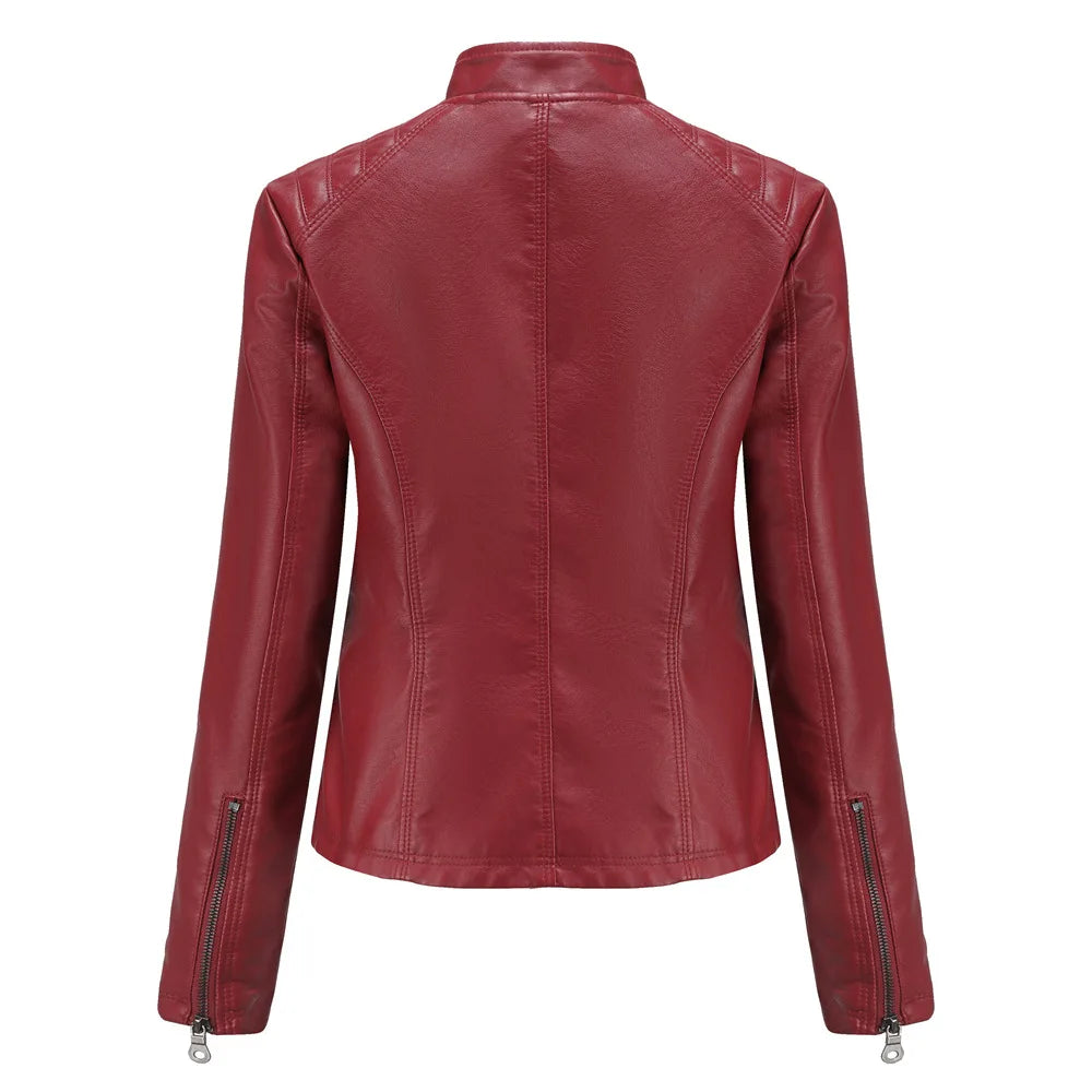Ladies casual stand-up collar jacket Slim models women's spring and autumn solid color women's leather jacket