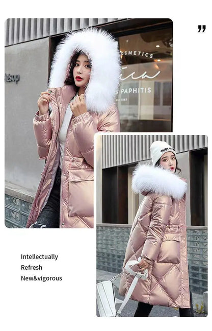 2023 Autumn Winter Hooded Fur Collar Long Parkas Mujer Thick Warm Down Cotton Padded Jacket Women Casual Hoodies Coat Female