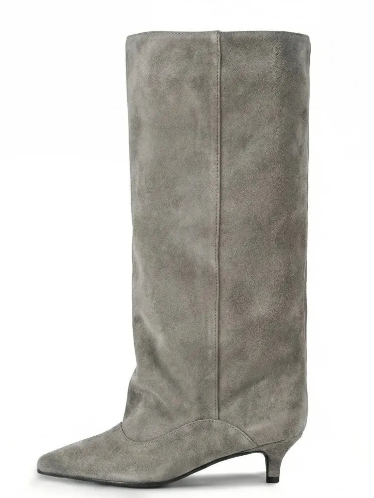 Women's Spring and Autumn New Cat Heel Wide Knee Knee Boots Fashion Pointed Women's Low Heel Mid Heeled Boots
