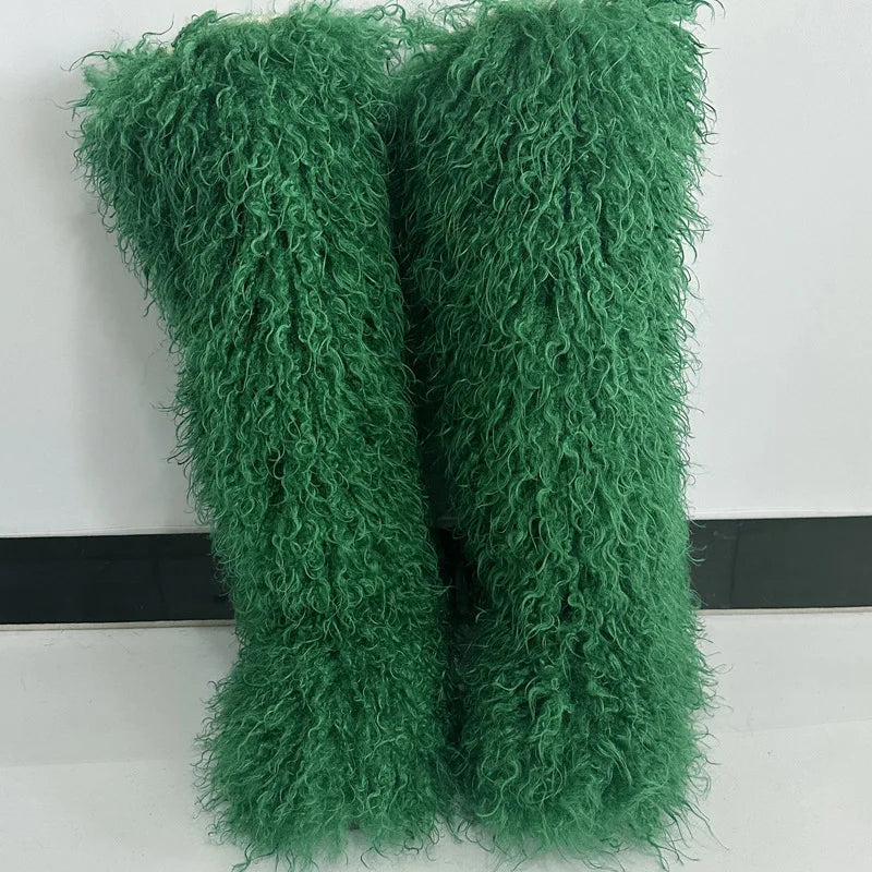 New Over The Knee Fur Boots Women Warm 72CM Long Faux Mongolian Fur Snow Boots Winter Luxury Fluffy Shoes Plush Platform Shoes