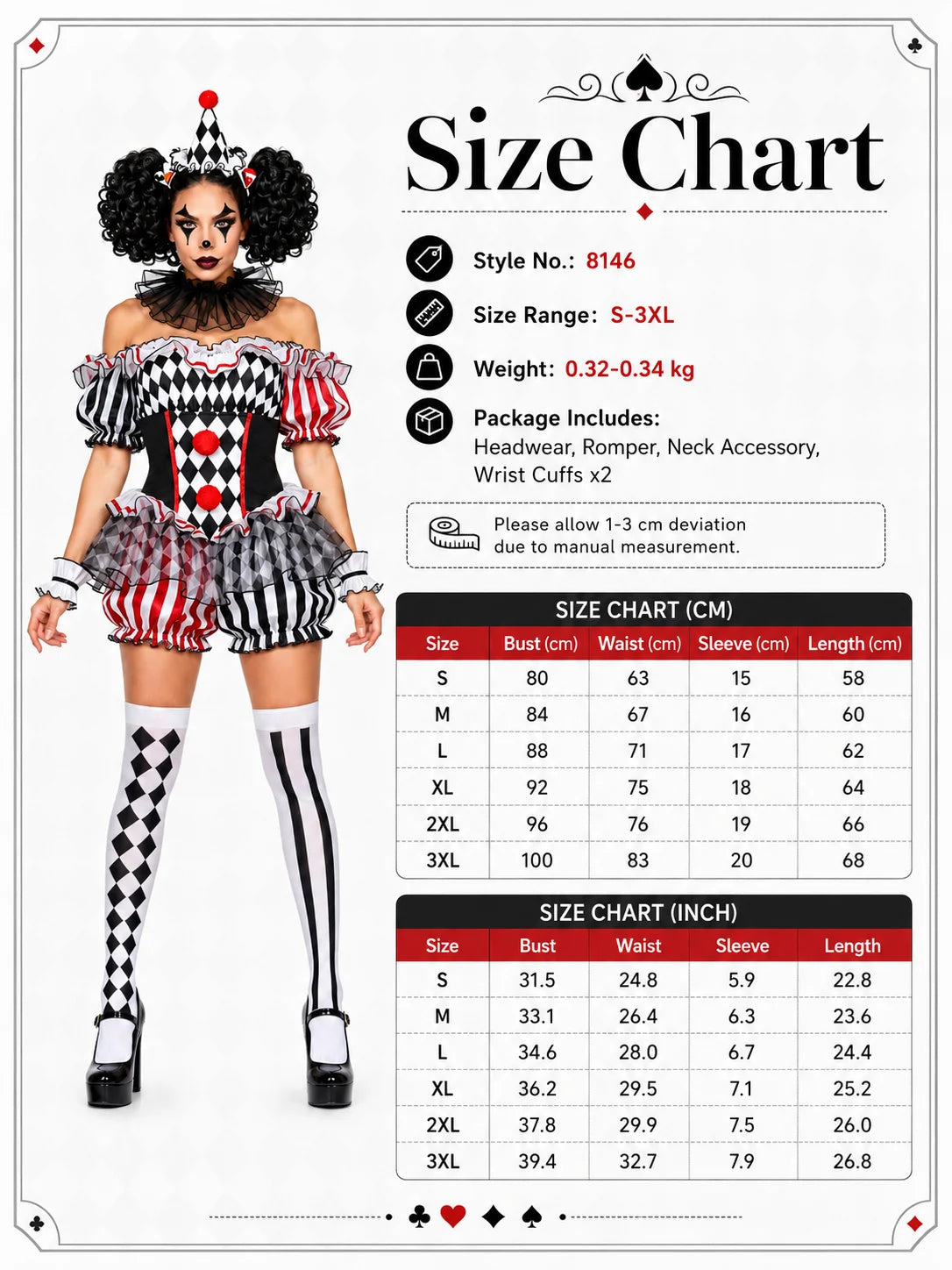 Women's Halloween Evil Clown Costume Sexy Circus Cosplay Off Shoulder Diamond Pattern Ruffled Bloomer Outfit with Hat Mesh Collar Wrist Cuffs Fancy Dress