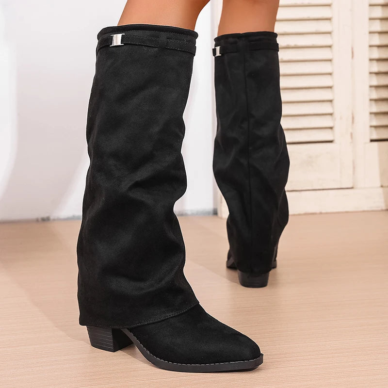 Fashion Slip On High Heeled Knee High Boots Women Autumn Winter High Tube Rider Boots Woman Pointed Toe Thick Heel Long Botas
