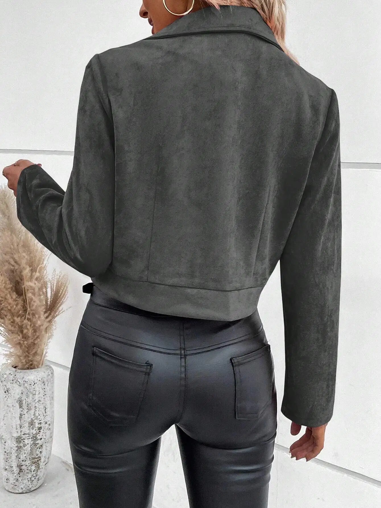 Women's Suede Faux Leather Jacket Autumn Zip-Up Moto Short Coat Lapel Collar Slim Fit Winter Outer Streetwear Casual Wear