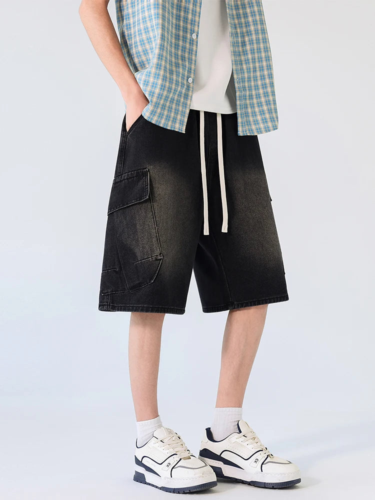Cargo Shorts Men Summer Baggy Multi-pocket Jeans Straight Drawstring Moto Work Pants Fashion Cotton Black Blue Trousers New