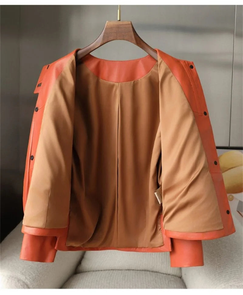 Orange Black Leather Jacket Spring Autumn Coat 2026 New Women's Leather Coat Round Neck Lantern Sleeves PU Leather Outerwear
