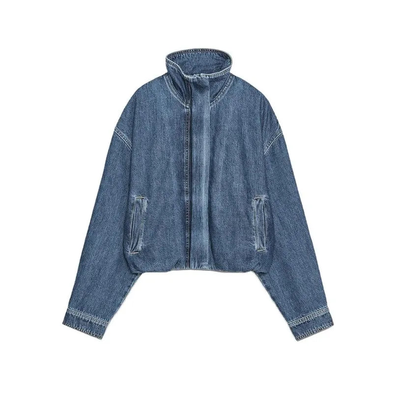 Vintage Washed Denim Zip Up Jacket High Collar Relaxed Fit Slant Pockets Women Streetwear Short Jean Coat Valentine Gift 260602