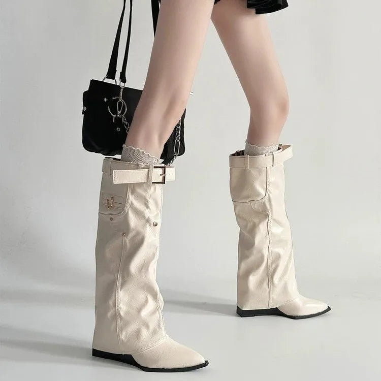 Lace-up Trouser Leg Boots for Women, Pointed Toe, Long Boots with Platform Heels