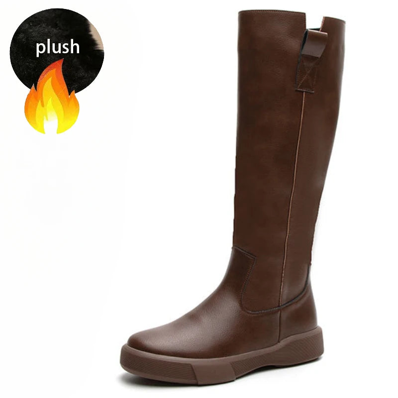 Koznoy 4cm Cow Genuine Leather Microfiber High Top Rubber Knee High Booties Women Chimney Autumn Boots Spring Fashion Shoes