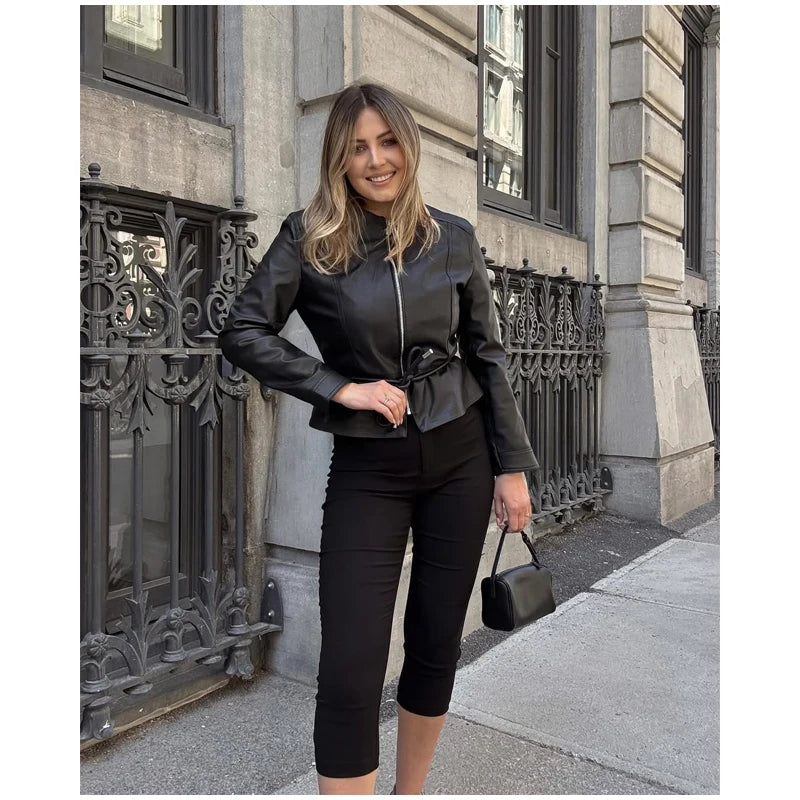 Women's Faux Leather Jacket Black Zip Front Drawstring Peplum Hem Slim Elegant Outerwear Fashion Daily Street Casual Short Coat