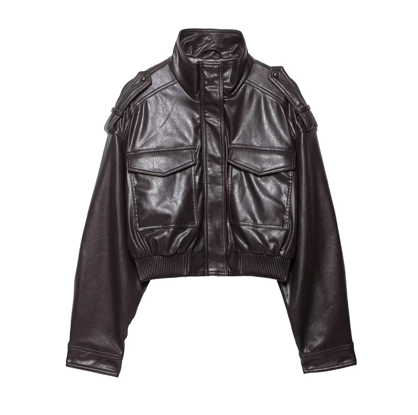 HH Women Faux Leather Cropped Jacket vintage Bomber Jackets With Pockets Long Sleeve Coats Zipper Overcoat Jacket For Woman