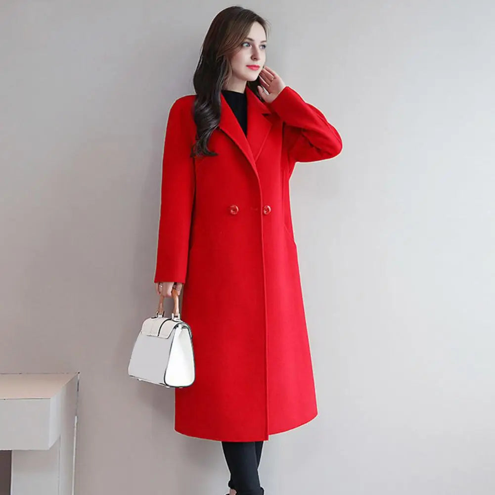 Women Wool Coat Women's Wool Peacoat Mid-long Overcoat Casual Notch Lapel Trench Coat Thick Single-breasted Fall Winter