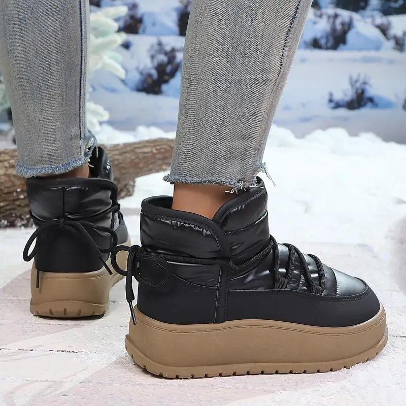 Comfort Platform Waterproof Snow Boots Women 2026 Winter Lace Up Decoration Thick Bottom Moon Boots Women Plush Short Booties