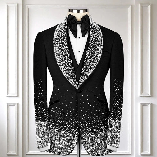 Suit For Man Crystal Embellished Black Tuxedo, Handmade Wool Blend Stage Costume, Prom Men's Suit, Wedding Groom Tuxedo Set 2pcs