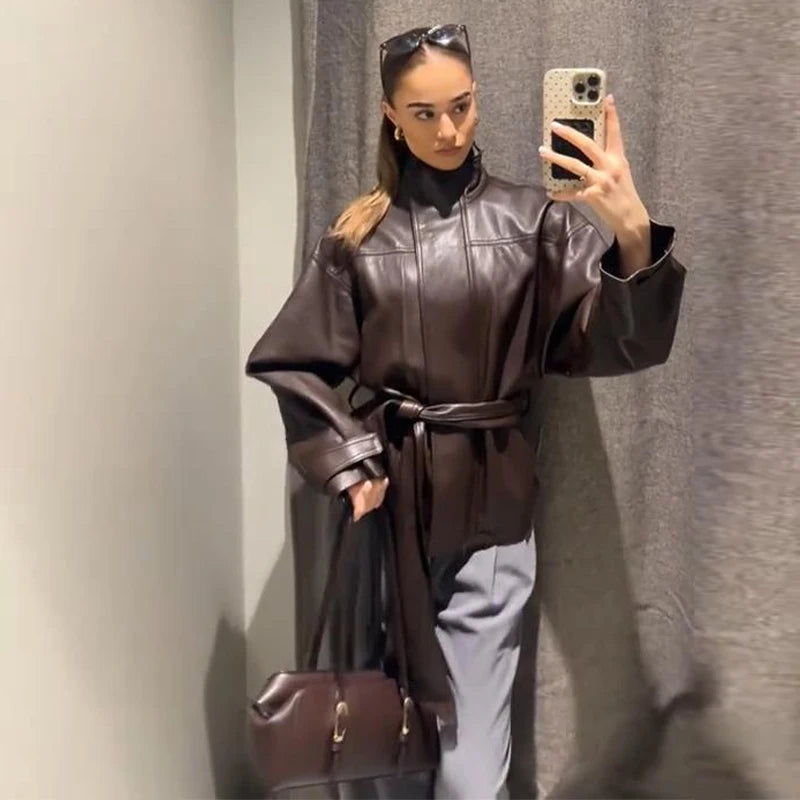 Belted Waist Stand Collar Women PU Jacket Drop Shoulder Long Sleeve Cuff Button Short Cropped Loose Faux Leather Jacket Commute