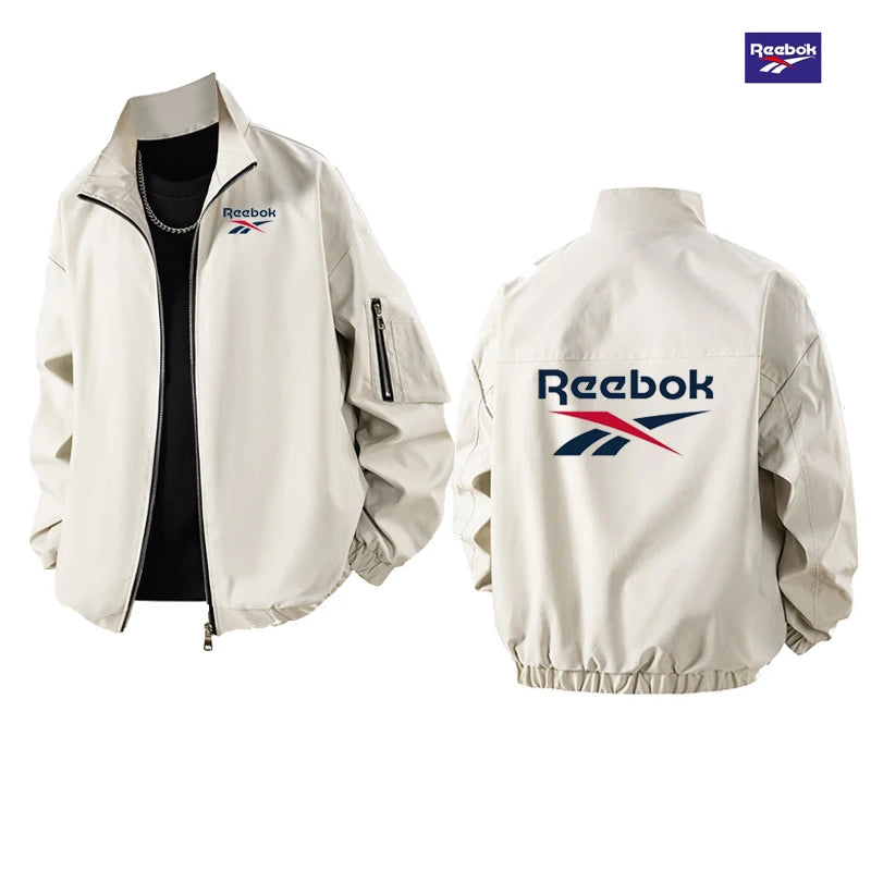 Reebok's New Men's Lightweight Spring-Autumn Casual Stand-Up Collar Outdoor Sports Coat Features a Zipper Design on the Sleeves.