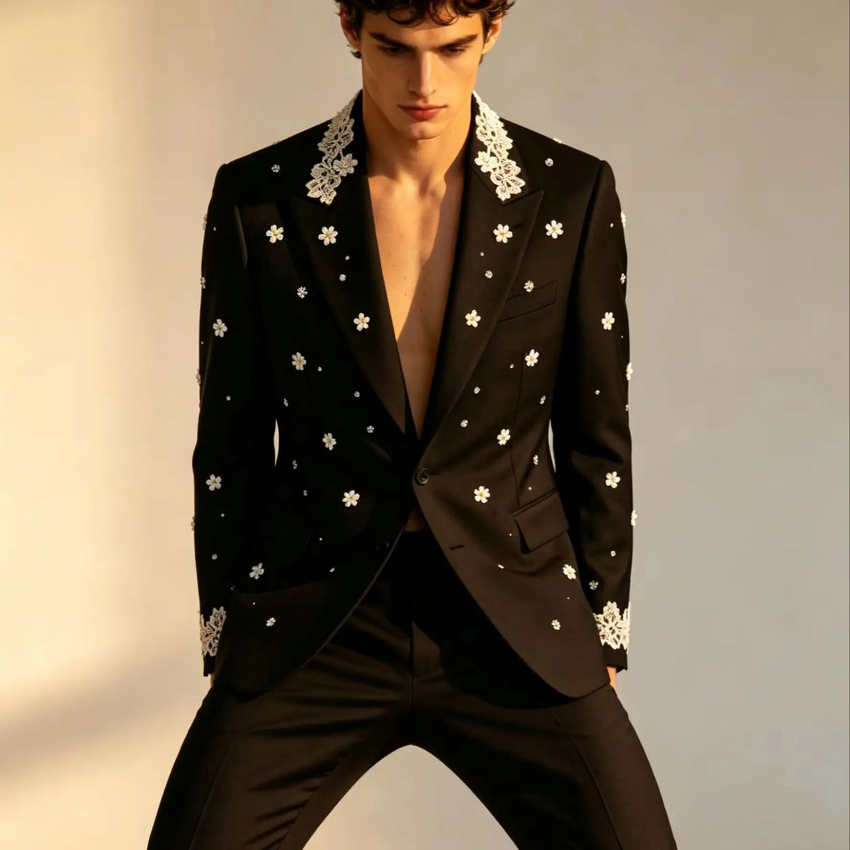 Black Appliqued Floral Men Suit Set 2 Piece Blazer+Pants Prom Wedding Tuxedos Coat Customized Formal Office Fashion Groom Jacket