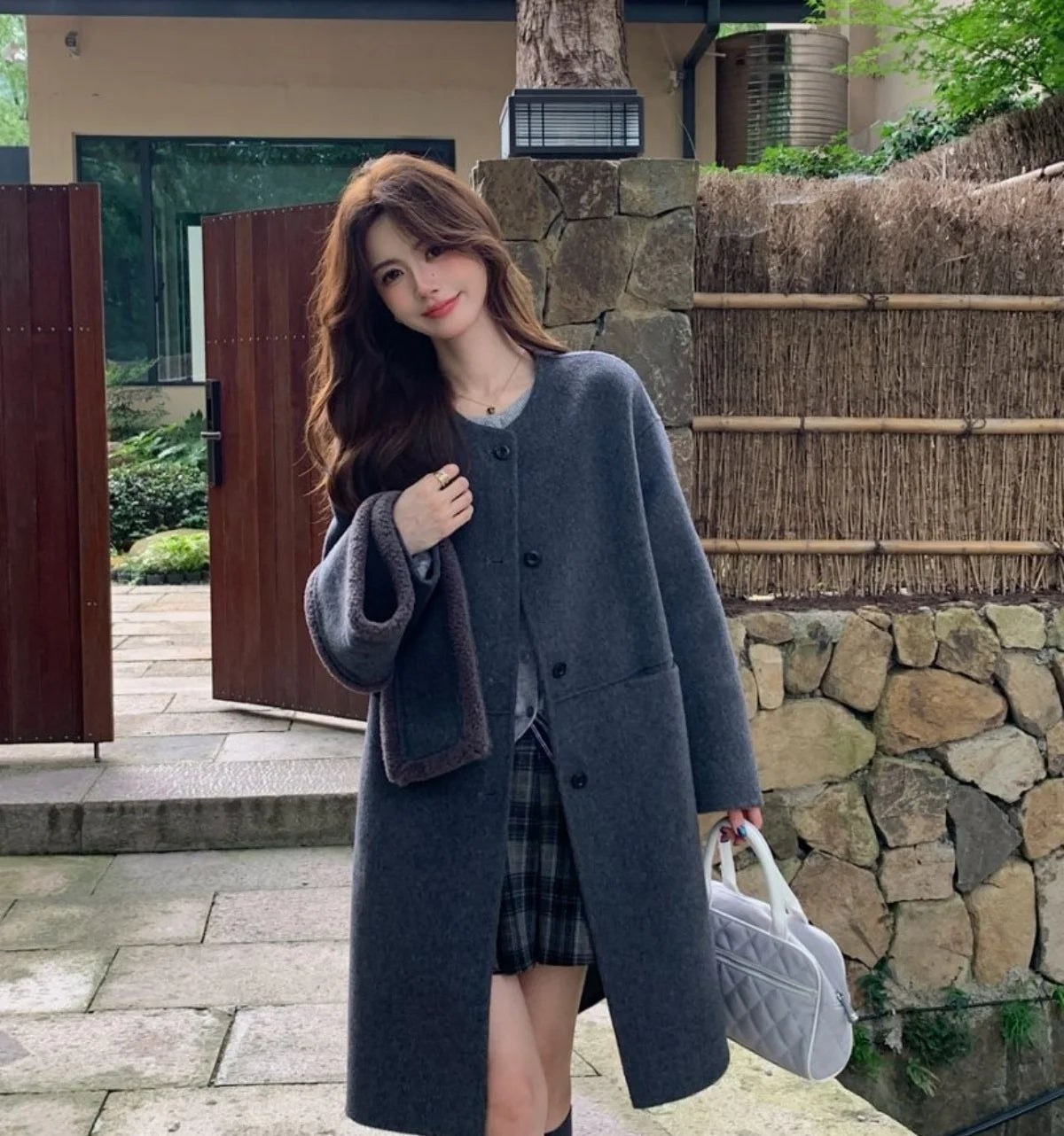 Autumn and winter hot fashion round neck scarves, medium to long styles, small women's double-sided wool coats with temperament,
