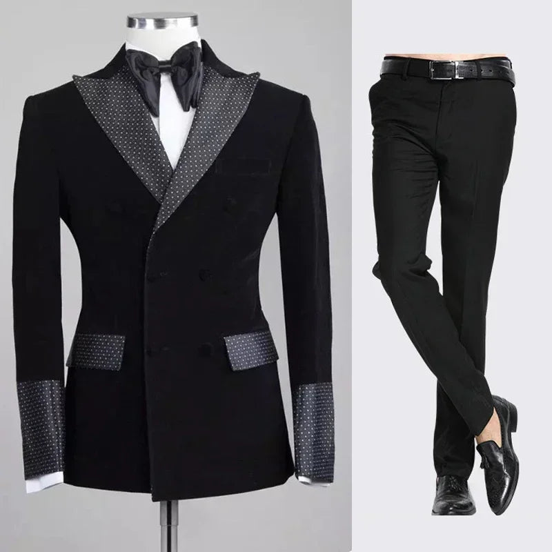 Slim Fit Dots Men Suits Dots Groom Tuxedos For Wedding Party Slim Fit 2 Pieces Black Velvet Smoking Blazer (Jacket+Pants)