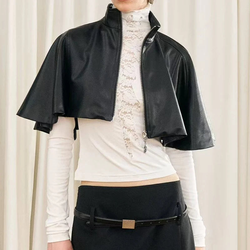 KUCLUT 2026 Autumn Stand Collar Cape With Ruffles Puffy PU Leather Jacket For Women Short Zipper Motorcycle Style Coat 1A4196