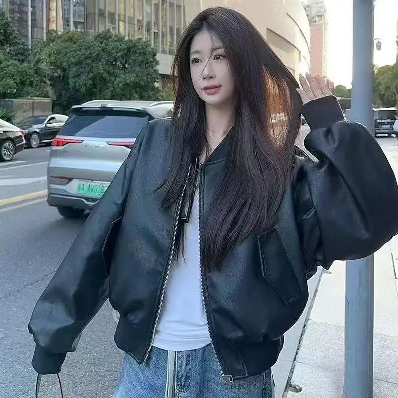 Black Short Baseball Jacket Leather Jacket Women's 2026 Spring New Pu Leather Cool Sa Style Retro Loose Locomotive Clothing