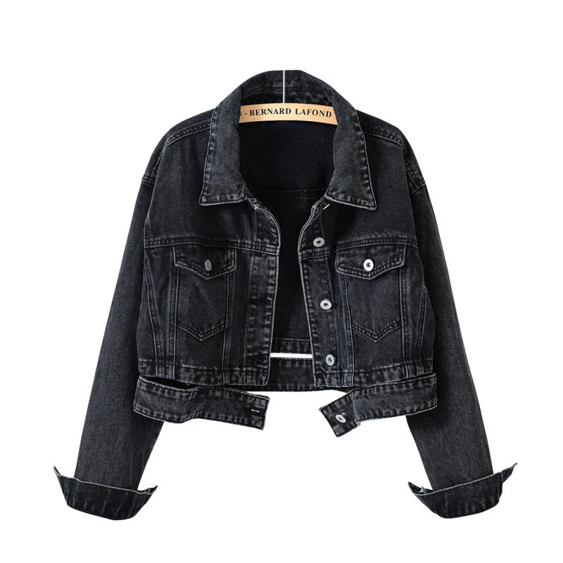 2026 Women's Blue Shorts Denim Jacket, Fashion Casual Coat Black Lapel Single-breasted Long-sleeved Female Overcoat S-XXXL