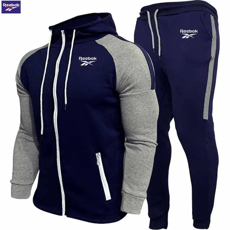 Reebok Men's Fleece Hooded Sweatshirt Set - Long Sleeve Zippered Hooded Sweatshirt - Fashion Striped Loose Jacket - Suitable for