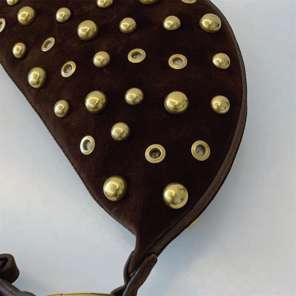 MOODS Branded Half-moon Shoulder Bags For Women Faux Suede Rivets Decor Crossbody Hobo Bags 2025 Latest Designer Handbags Luxury