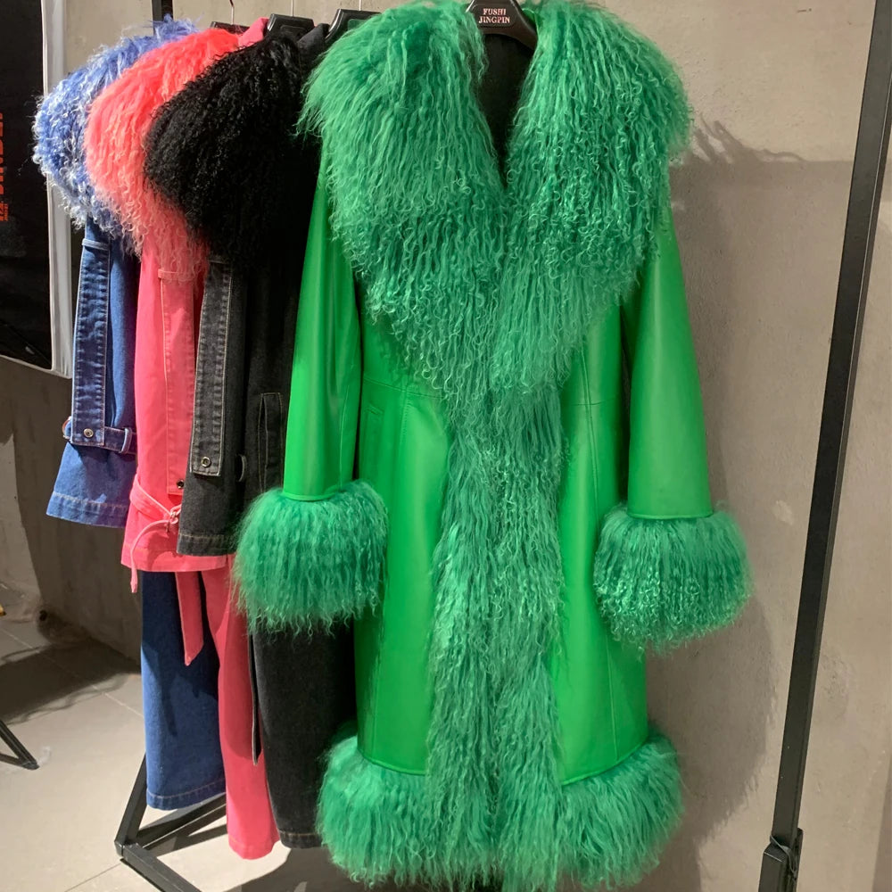 Suede Coat Fur Collar Women Autumn Genuine Sheepskin Coat Long with Mongfolian Fur Trim