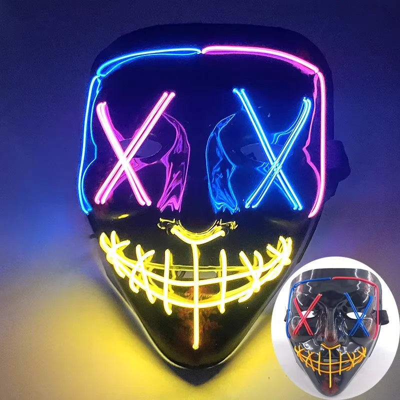 Wireless LED Neon Purge Mask & Fiber Optic Gloves, Scary Glow In Dark Mask for Halloween Carnival Cosplay Bar Birthday Party